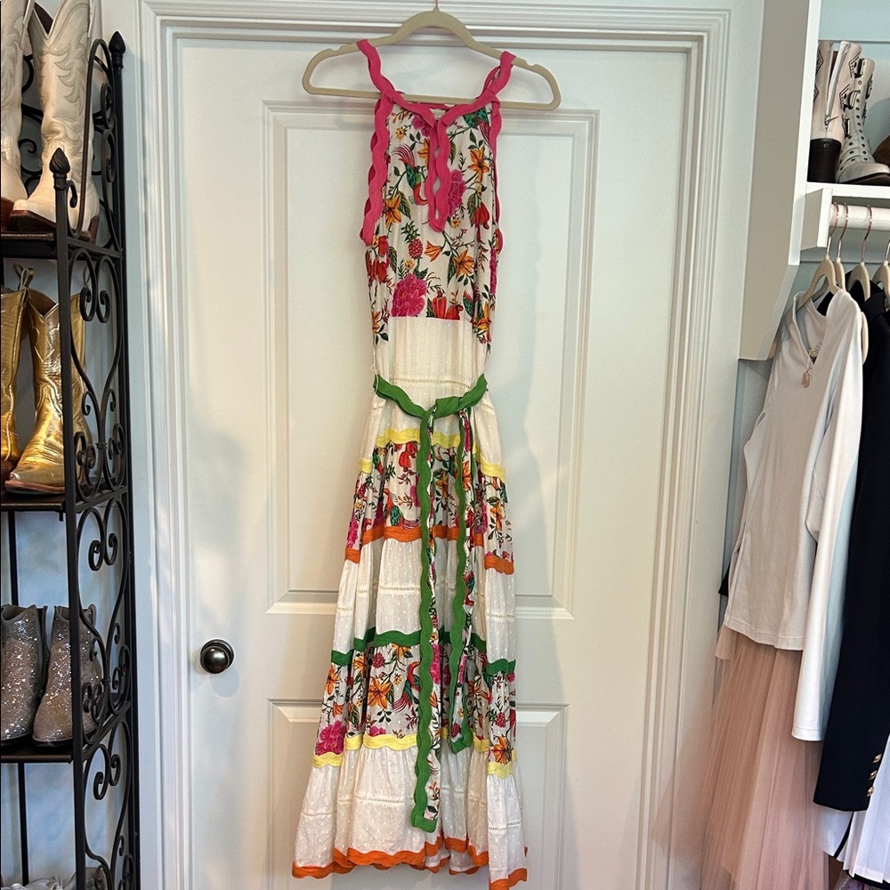 Farm Rio Floral Maxi Dress with Pink and Green Accents